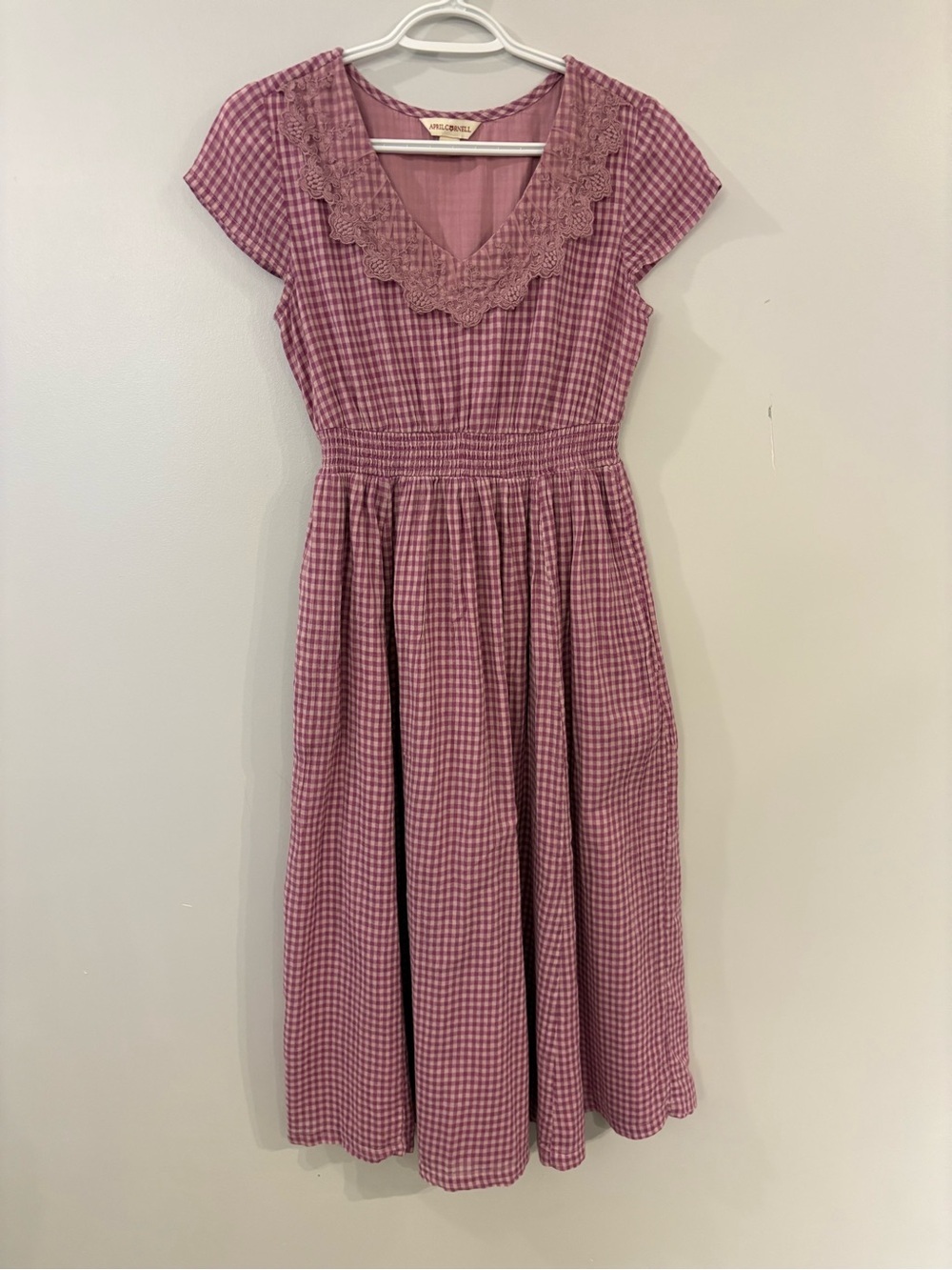Vintage April Cornell midi dress gingham cotton sweetheart neckline lace detail - Picture 3 of 15
